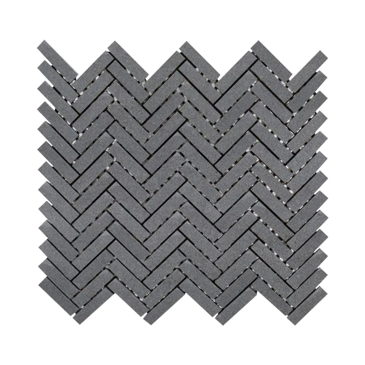 Go Build Basalt Herringbone 10 in. x 10.75 in. Wall & Floor Mosaic Tile features dark gray natural stone in a zigzag pattern with unique jagged edges, perfect for adding style to walls and floors. (0.765 sq. ft./piece).